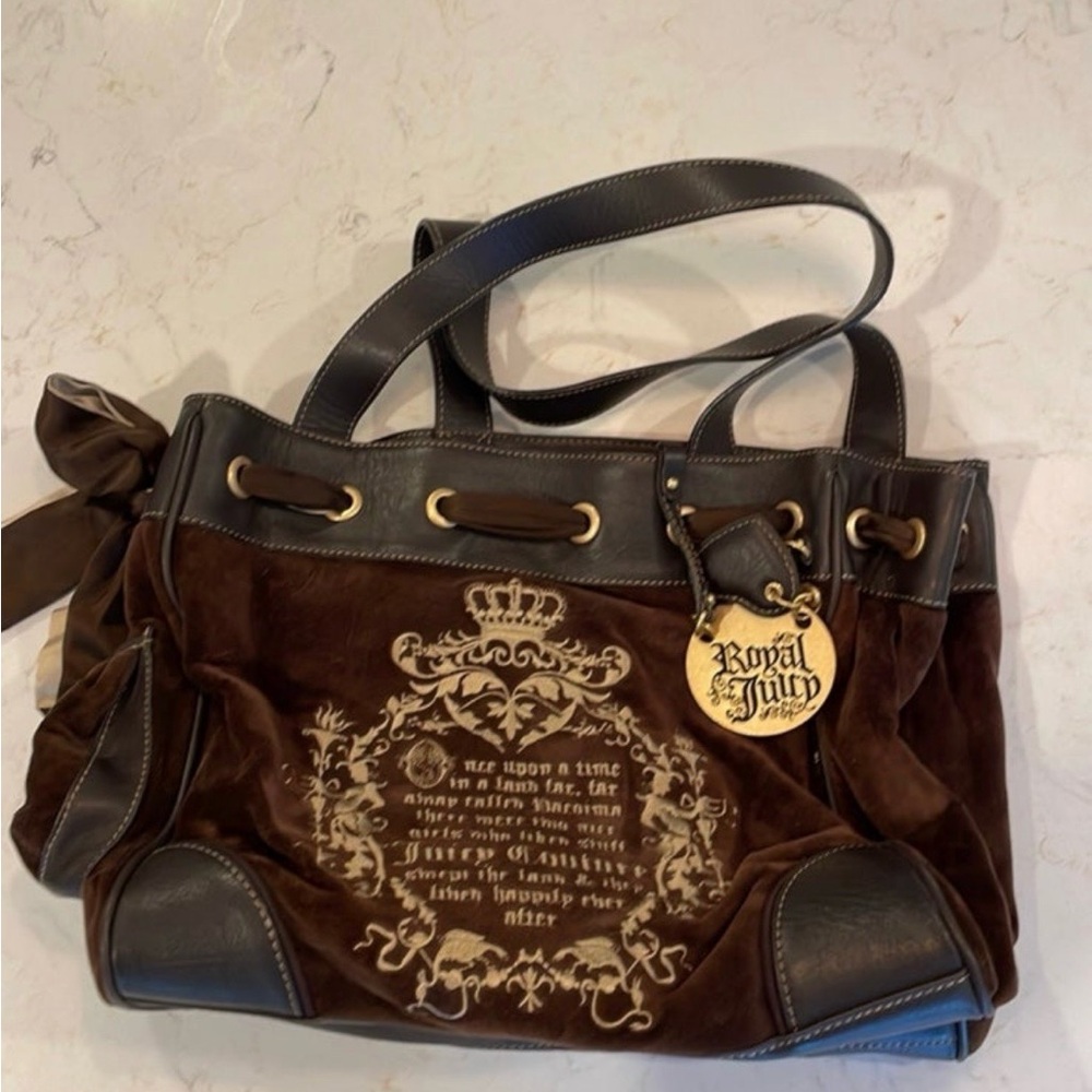 Juicy Couture Brown Velvet Tote with Gold Crest Charm